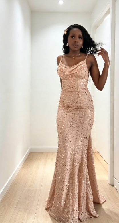 Sexy Spaghetti Straps Mermaid Chiffon Sequins Long Evening Dress Champagne Prom Dress ED08657