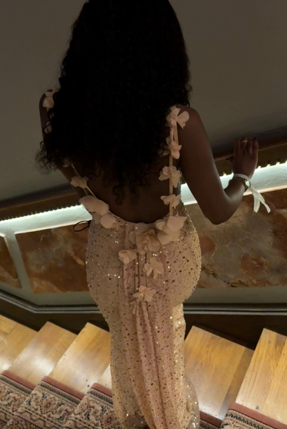 Sexy Spaghetti Straps Mermaid Chiffon Sequins Long Evening Dress Champagne Prom Dress ED08657