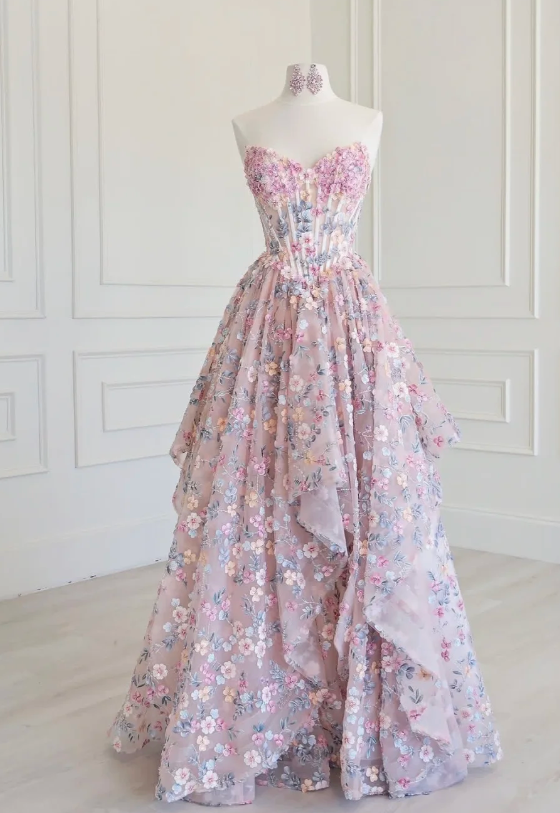 Cute Sweetheart A-Line Tulle Applique Long Evening Dress Pink Prom Dress ED08658