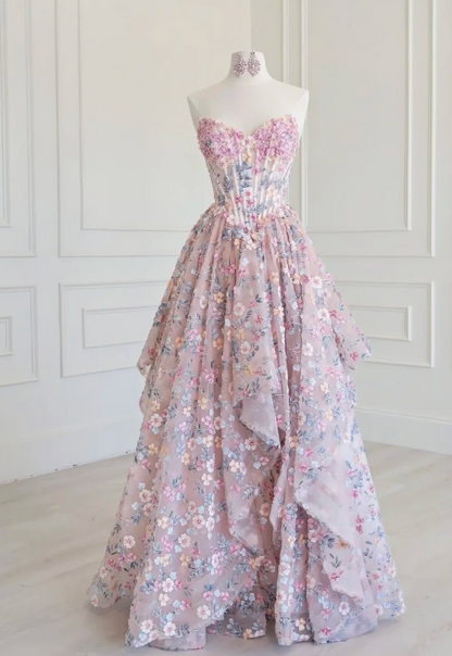 Cute Sweetheart A-Line Tulle Applique Long Evening Dress Pink Prom Dress ED08658
