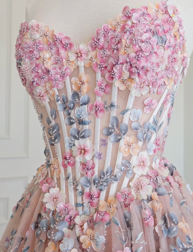 Cute Sweetheart A-Line Tulle Applique Long Evening Dress Pink Prom Dress ED08658