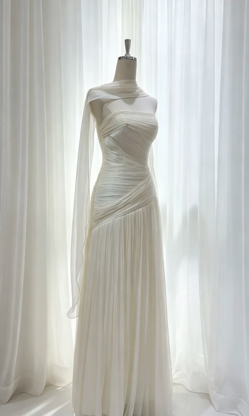 Chic Strapless Sheath Chiffon Long Evening Dress White Prom Dress ED08659