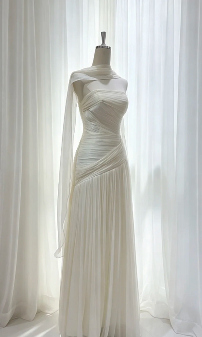 Chic Strapless Sheath Chiffon Long Evening Dress White Prom Dress ED08659