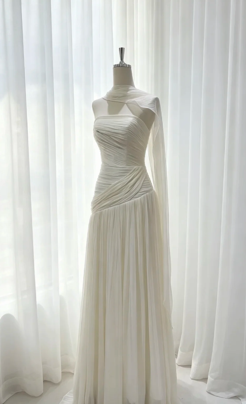 Chic Strapless Sheath Chiffon Long Evening Dress White Prom Dress ED08659