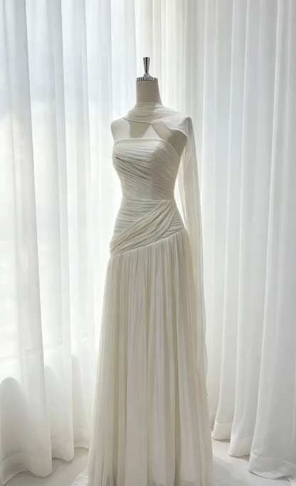 Chic Strapless Sheath Chiffon Long Evening Dress White Prom Dress ED08659