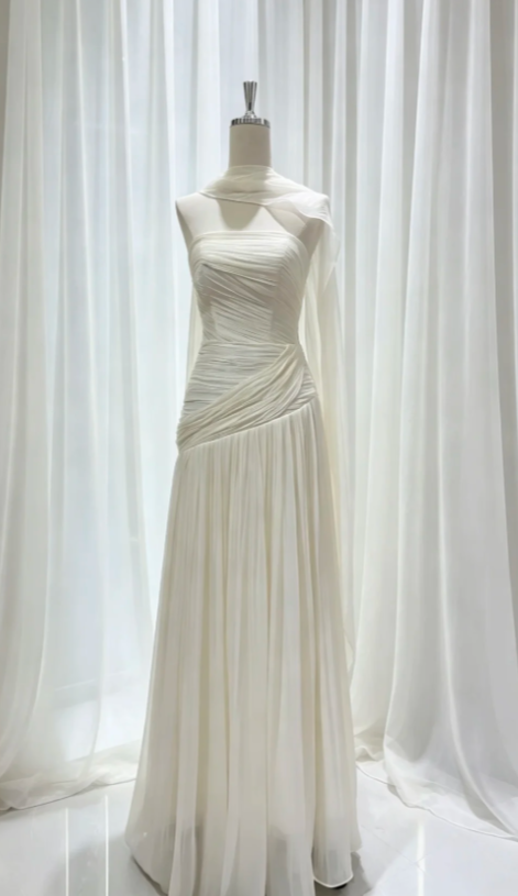 Chic Strapless Sheath Chiffon Long Evening Dress White Prom Dress ED08659