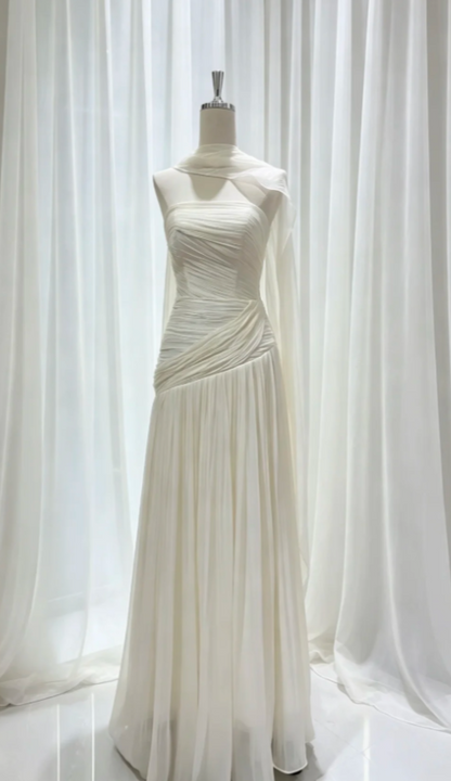 Chic Strapless Sheath Chiffon Long Evening Dress White Prom Dress ED08659