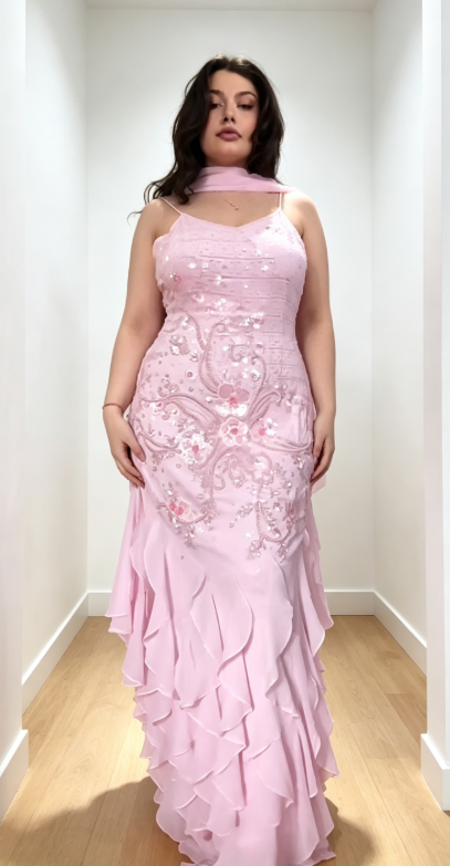 Chic Spaghetti Straps Sheath Beaded Chiffon Long Evening Dress Pink Prom Dress ED08660