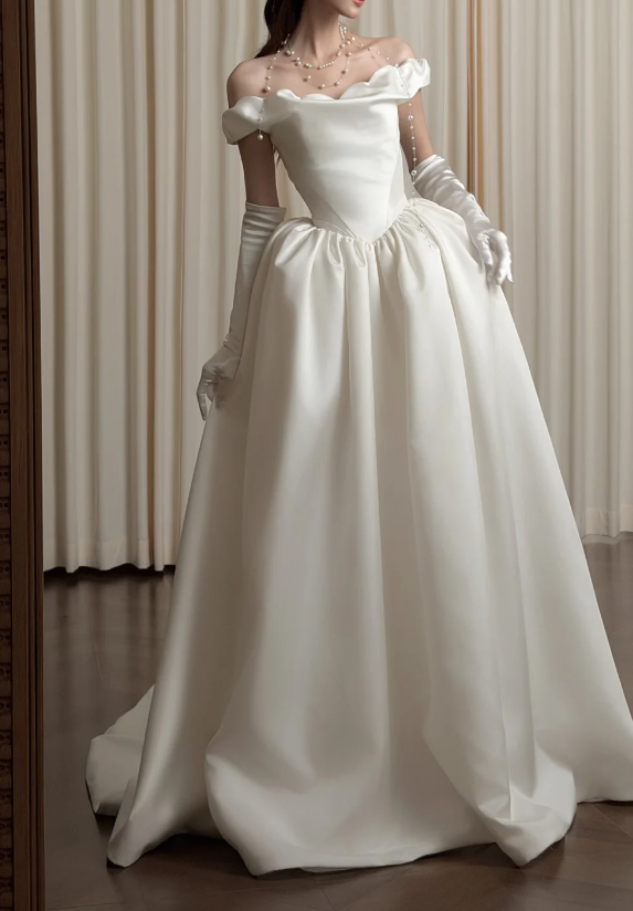 Elegant Off-shoulder A-Line Wedding Dress Satin Bridal Dress White Bridal Gown ED08661