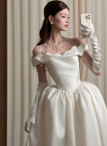 Elegant Off-shoulder A-Line Wedding Dress Satin Bridal Dress White Bridal Gown ED08661