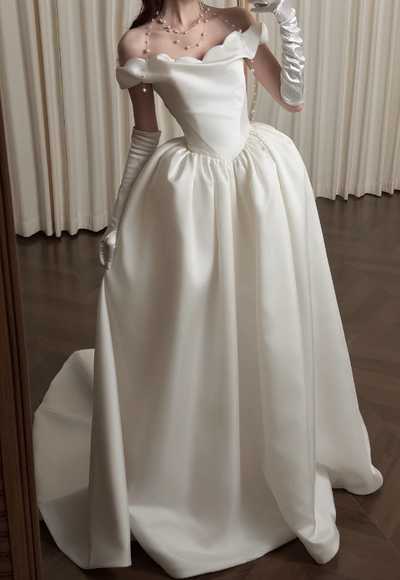 Elegant Off-shoulder A-Line Wedding Dress Satin Bridal Dress White Bridal Gown ED08661