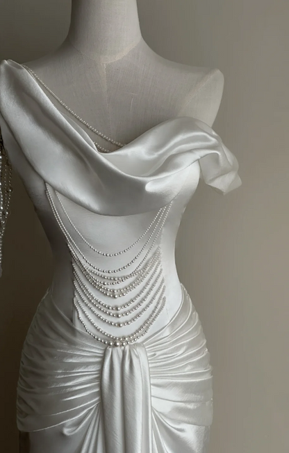 Elegant One-shoulder Sheath Wedding Dress Satin Bridal Dress White Bridal Gown ED08663