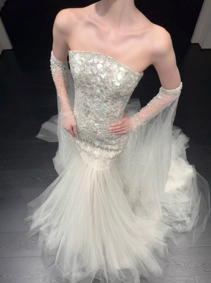 Elegant Strapless Mermaid Wedding Dress Tulle Bridal Dress White Bridal Gown ED08664