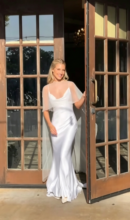 Chic Spaghetti Straps Sheath Wedding Dress Satin Bridal Dress White Bridal Gown ED08666