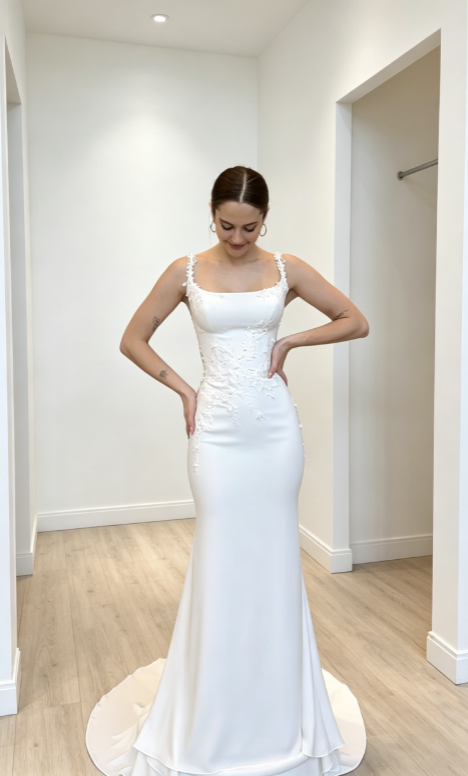 Chic Spaghetti Straps Mermaid Wedding Dress Satin Bridal Dress White Bridal Gown ED08668