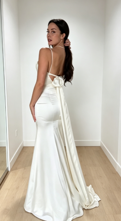 Chic Spaghetti Straps Sheath Wedding Dress Satin Bridal Dress White Bridal Gown ED08670