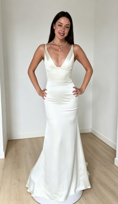 Chic Spaghetti Straps Sheath Wedding Dress Satin Bridal Dress White Bridal Gown ED08670