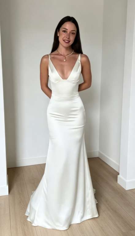 Chic Spaghetti Straps Sheath Wedding Dress Satin Bridal Dress White Bridal Gown ED08670
