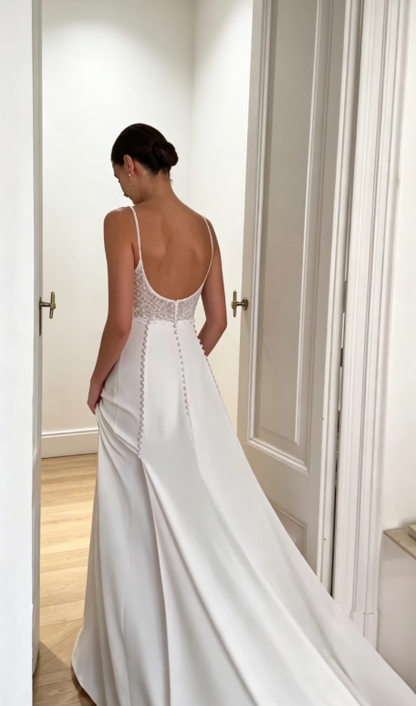 Chic Spaghetti Straps Sheath Wedding Dress Satin Bridal Dress White Bridal Gown ED08671