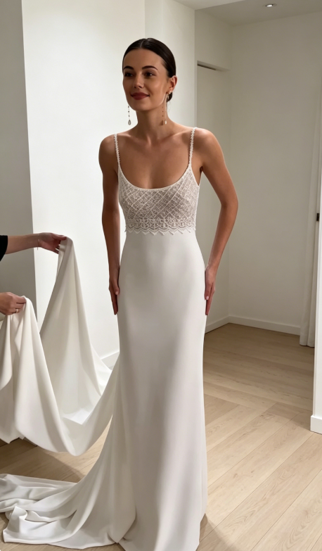 Chic Spaghetti Straps Sheath Wedding Dress Satin Bridal Dress White Bridal Gown ED08671