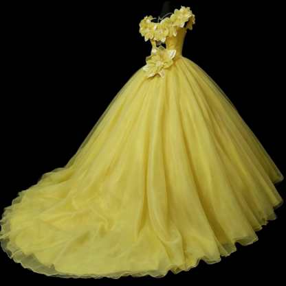 Fairy Off-shoulder Ball Gown Quinceanera Dress Tulle Applique Long Prom Dress Yellow Sweet 16 Dress ED08678
