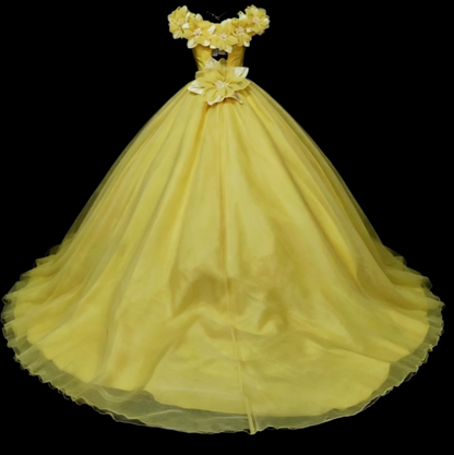 Fairy Off-shoulder Ball Gown Quinceanera Dress Tulle Applique Long Prom Dress Yellow Sweet 16 Dress ED08678