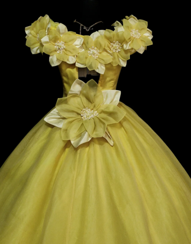Fairy Off-shoulder Ball Gown Quinceanera Dress Tulle Applique Long Prom Dress Yellow Sweet 16 Dress ED08678
