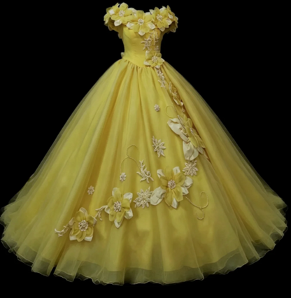 Fairy Off-shoulder Ball Gown Quinceanera Dress Tulle Applique Long Prom Dress Yellow Sweet 16 Dress ED08678