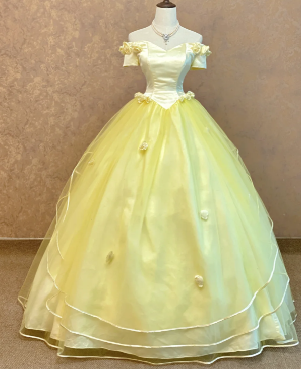 Fairy Off-shoulder Ball Gown Quinceanera Dress Tulle Applique Long Prom Dress Yellow Sweet 16 Dress ED08682