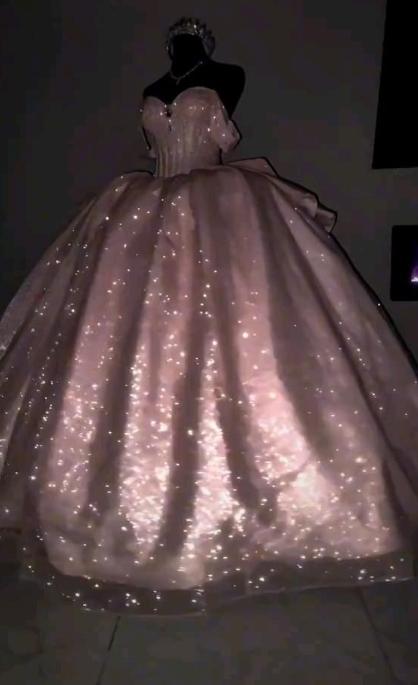 Fairy Off-shoulder Ball Gown Quinceanera Dress Tulle Applique Long Prom Dress Pink Sweet 16 Dress ED08683