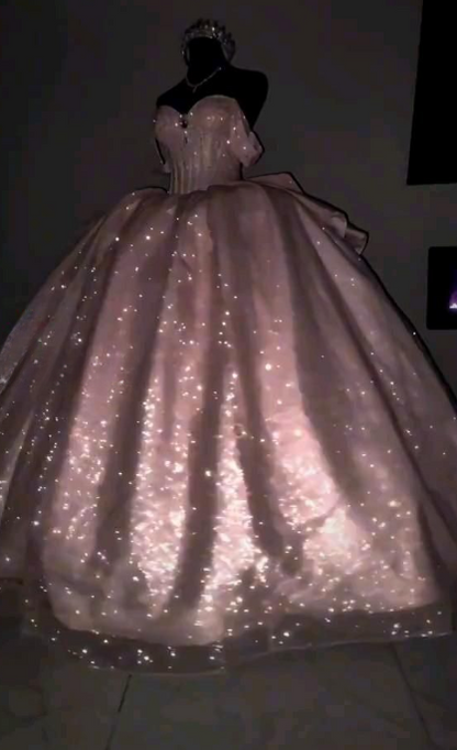 Fairy Off-shoulder Ball Gown Quinceanera Dress Tulle Applique Long Prom Dress Pink Sweet 16 Dress ED08683