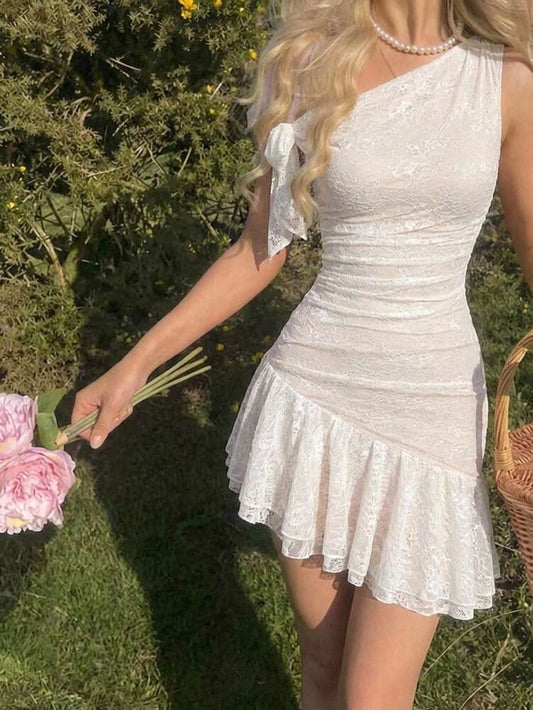 Robe de bal blanche sexy à une épaule, moulante en dentelle, robe d'été de vacances sans manches, robe de soirée ED08686