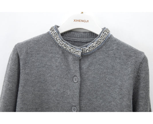Amerikanischer Retro-Pullover mit Rundhalsausschnitt und langen Ärmeln, grau ED0868