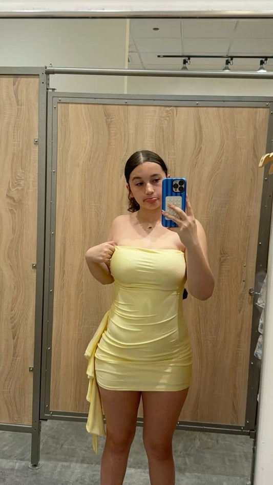 Robe de soirée jaune sexy sans bretelles, fourreau en mousseline, robe de vacances d'été sans manches ED08691