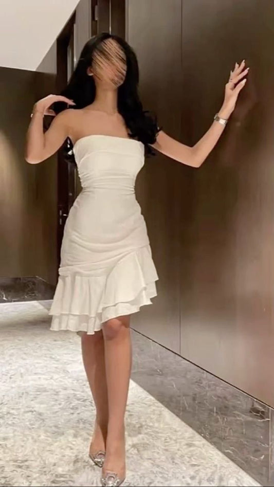 Robe de bal blanche sexy sans bretelles trapèze en mousseline robe d'été de vacances sans manches robe de soirée ED08697