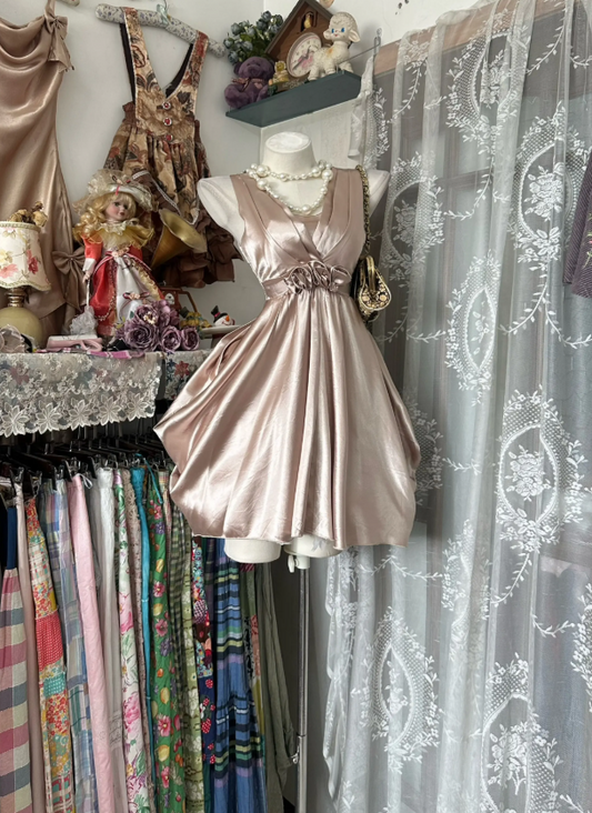 Robe de bal vintage col en V trapèze en satin, robe d'été de vacances sans manches, robe de soirée ED08699