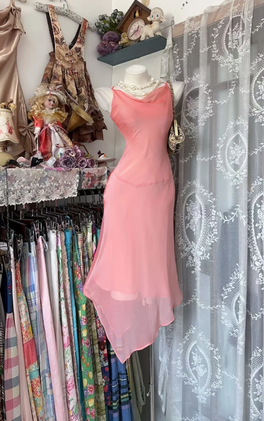 Vintage Pink Homecoming Dress Spaghetti Straps Sheath Chiffon Summer Vacation Dress Sleeveless Party Dress ED08700