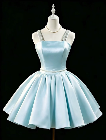 Fashion Blue Homecoming Dress Straps A-Line Satin Summer Vacation Dress Sleeveless  Party Dress ED08703