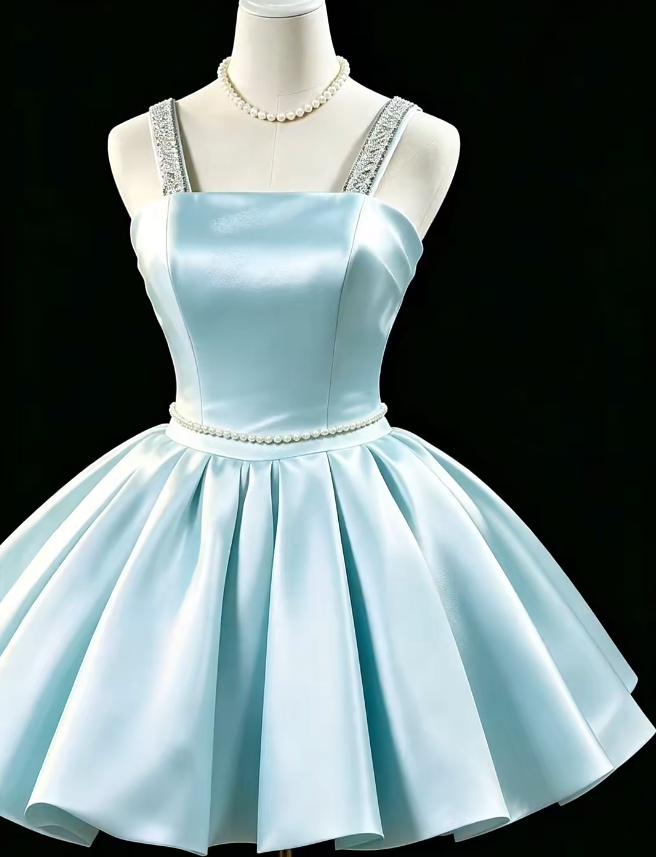 Fashion Blue Homecoming Dress Straps A-Line Satin Summer Vacation Dress Sleeveless  Party Dress ED08703