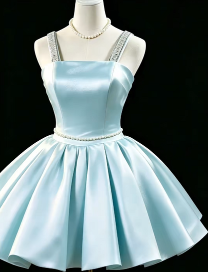 Fashion Blue Homecoming Dress Straps A-Line Satin Summer Vacation Dress Sleeveless  Party Dress ED08703