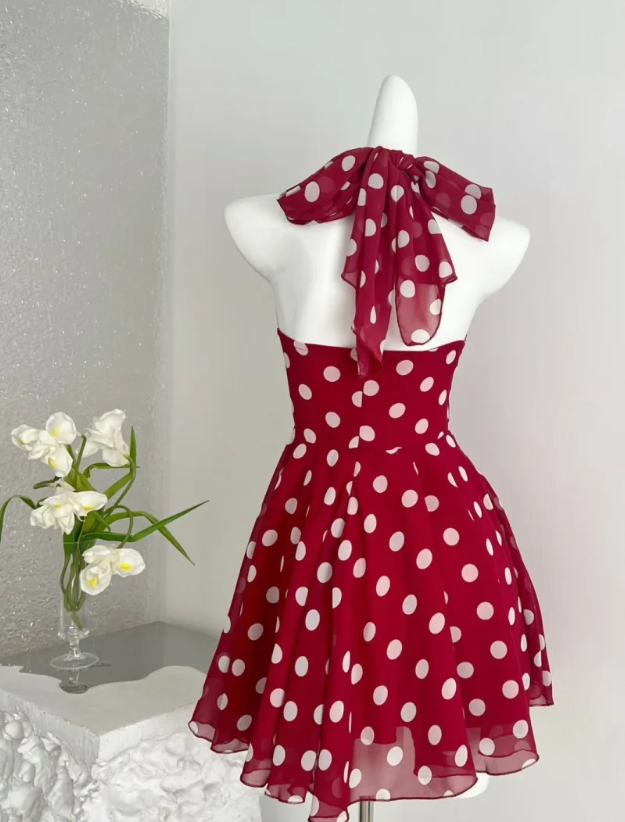 Fashion Red Homecoming Dress Halter Sheath Chiffon Summer Vacation Dress Sleeveless  Party Dress ED08705