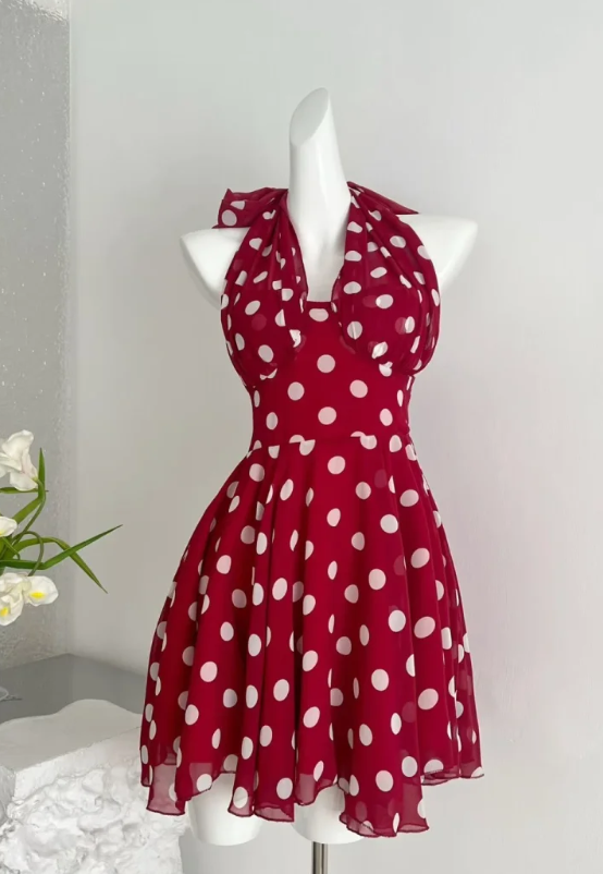 Fashion Red Homecoming Dress Halter Sheath Chiffon Summer Vacation Dress Sleeveless  Party Dress ED08705