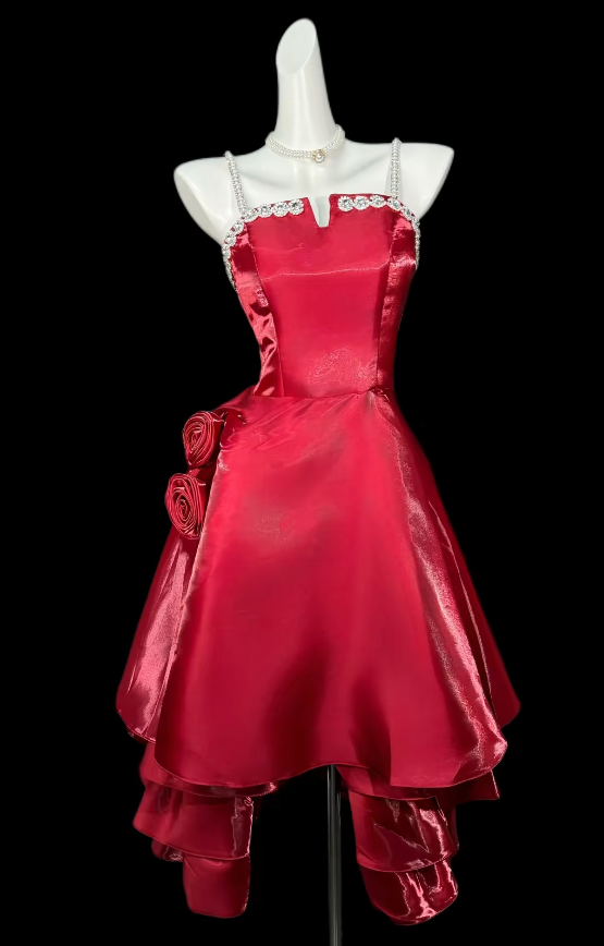 Fashion Burgundy Homecoming Dress Spaghetti Straps A-Line Satin Summer Vacation Dress Sleeveless Party Dress ED08709