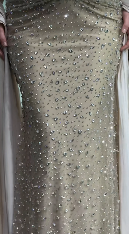 Elegantes, langes, aprikosenfarbenes Abendkleid mit Spaghettiträgern, Etui-Schnitt, Tüll und Perlen – Ballkleid ED08719