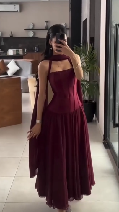 Robe de bal chic bordeaux, dos nu, fourreau, mousseline, longue, robe de soirée ED08732