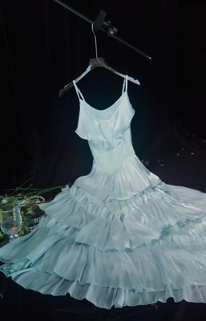 Robe de bal chic bleue, bustier licou, fourreau en mousseline de soie, robe de soirée longue ED08733