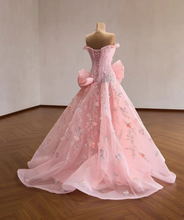 Élégante robe de soirée longue trapèze en tulle à épaules dénudées Rose robe de bal ED08737