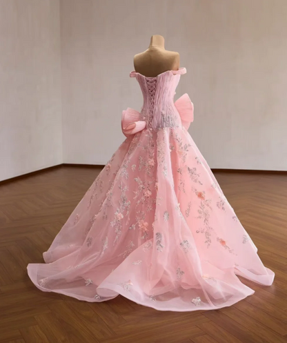 Élégante robe de soirée longue trapèze en tulle à épaules dénudées Rose robe de bal ED08737
