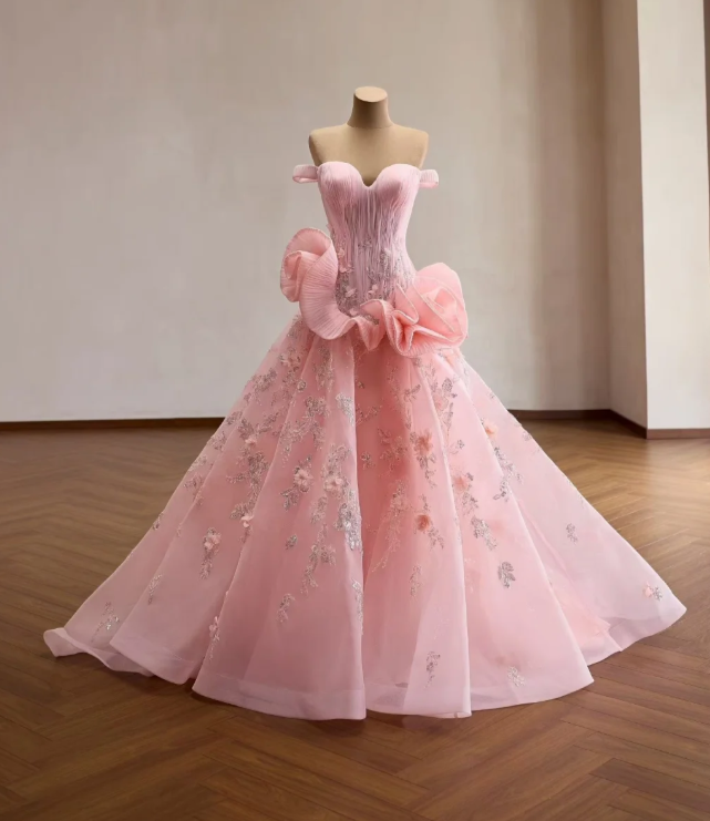 Élégante robe de soirée longue trapèze en tulle à épaules dénudées Rose robe de bal ED08737