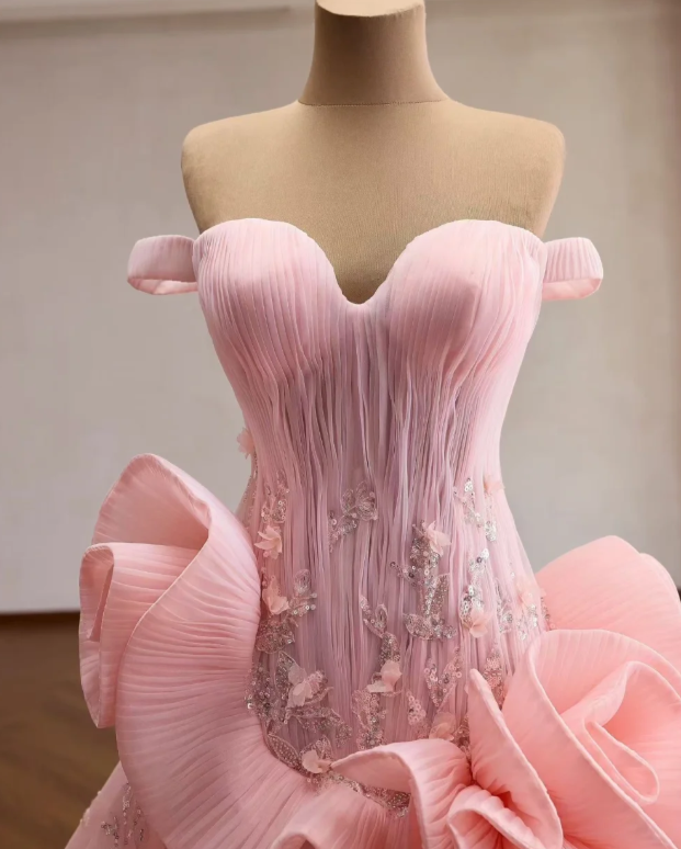 Élégante robe de soirée longue trapèze en tulle à épaules dénudées Rose robe de bal ED08737